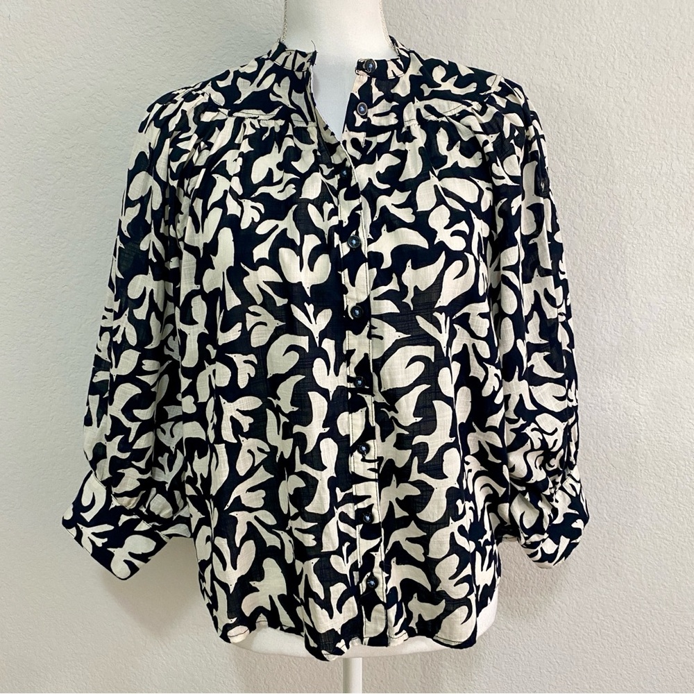 Danielle Kroll for Anthropologie 100% Cotton Bird Print Button Down Blouse XS